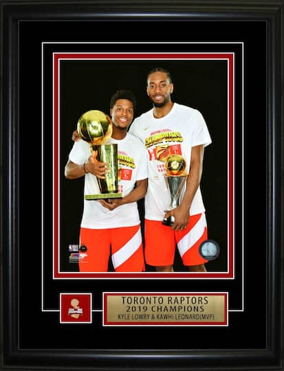 Kyle Lowry and Kawhi Leonard Toronto Raptors Framed 8" x 10" 2019 World Champion Holding Both Trophies P